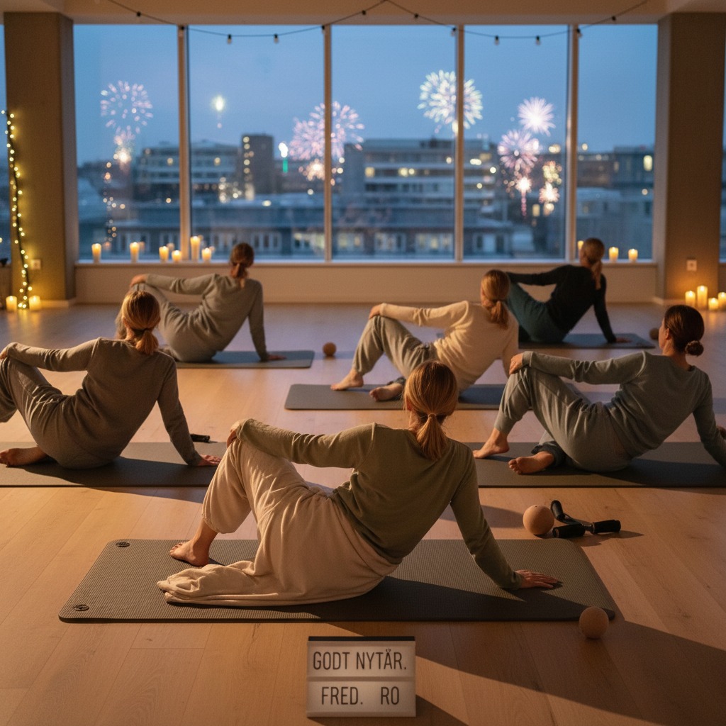 Flere kvinder sidder på yogamåtter i et lyst lokale og laver strækøvelser, mens der er fyldt med fyrværkeri på himlen uden for de store vinduer.